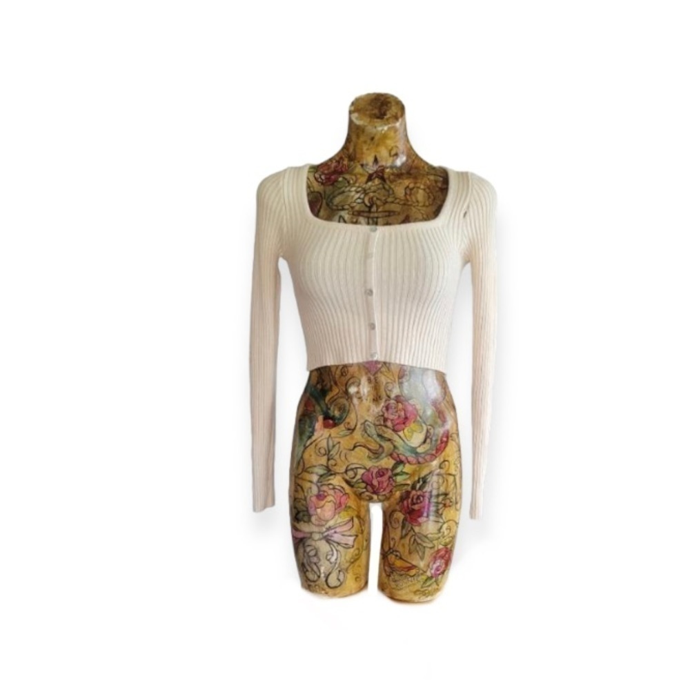 Nectar clothing cropped rib knit top cream long sleeve medium large